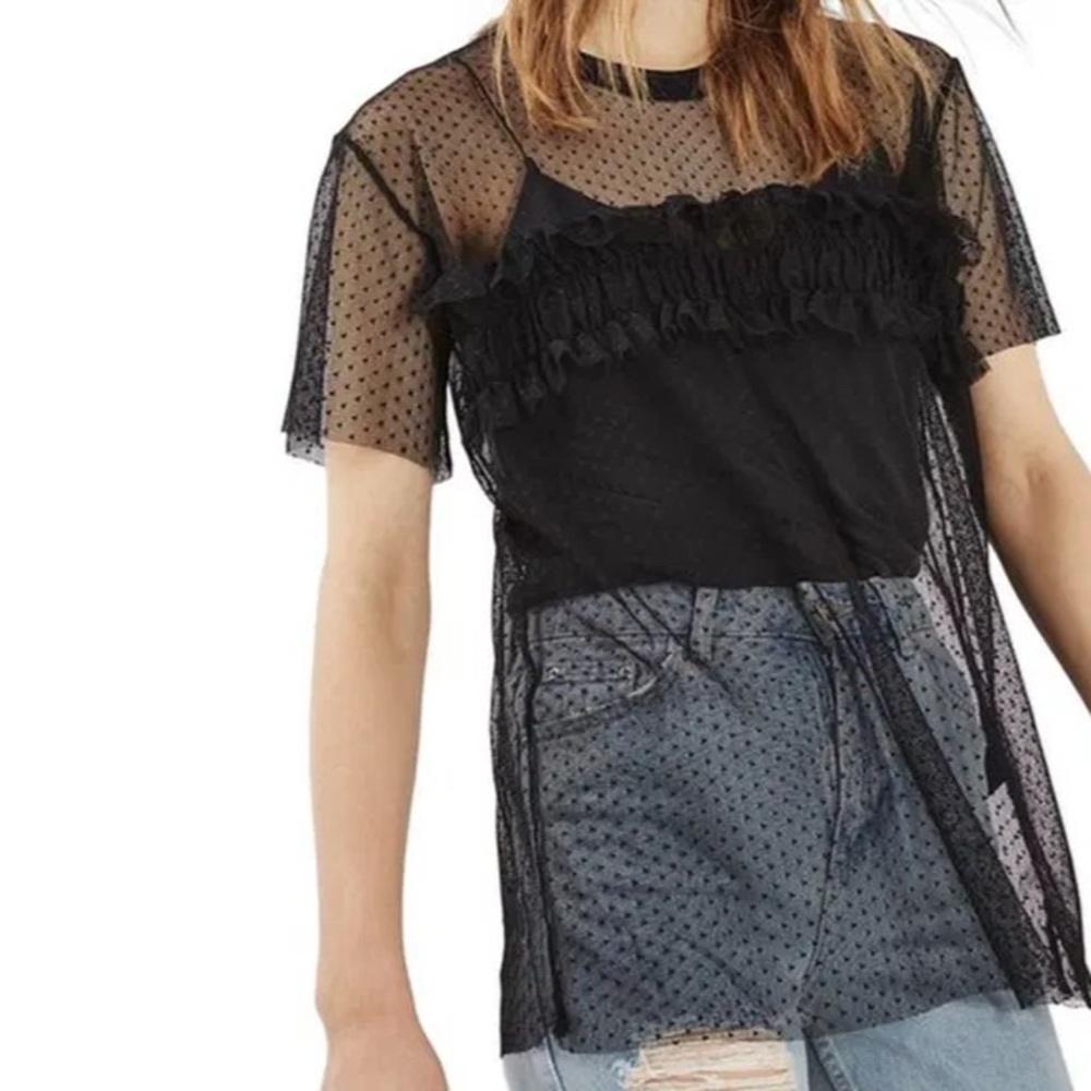 San Souci Sheer Dot Ruffled Short Sleeve Top
